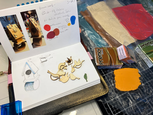 A new clock idea taking form in my skectchook with small photos and colorful sheets of clay.