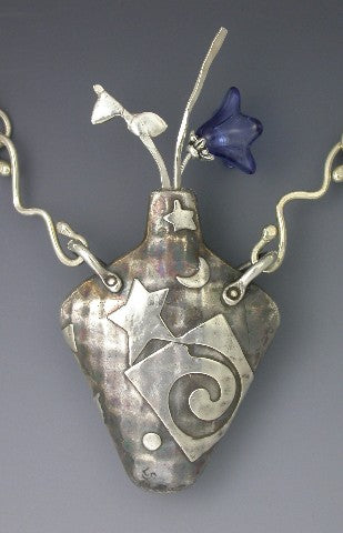 Award Winning Vessel Fine Silver Pendant with Handcrafted Sterling Silver Chain By Linda Stiles Smith Of NatureScapes Studio. One Of A Kind Fine Designer Art Jewlery Gift For Women. Collector Piece Of Art. Close-up Back View.