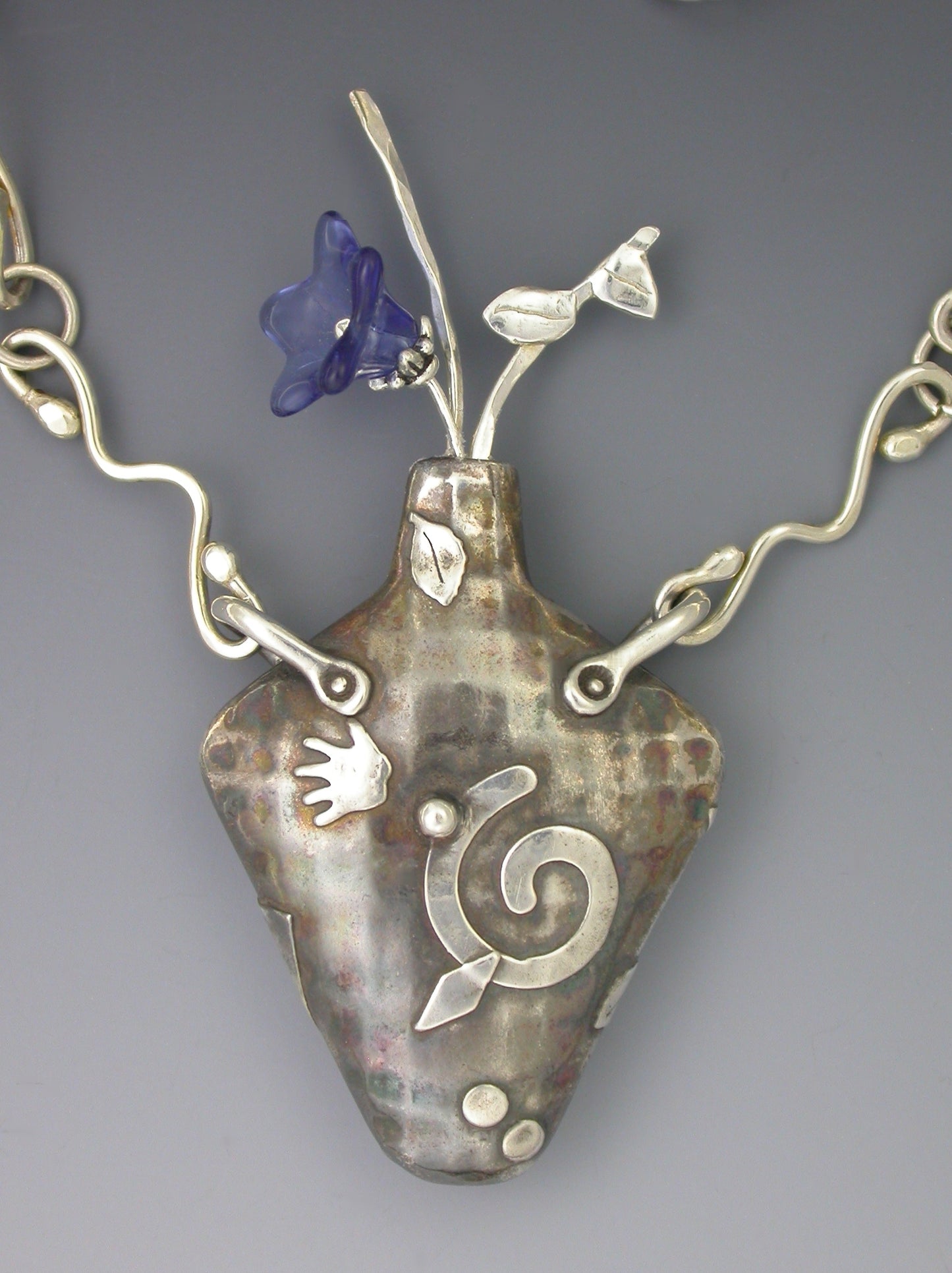 Award Winning Vessel Fine Silver Pendant with Handcrafted Sterling Silver Chain By Linda Stiles Smith Of NatureScapes Studio. One Of A Kind Fine Designer Art Jewlery Gift For Women. Collector Piece Of Art. Close-up Front View.