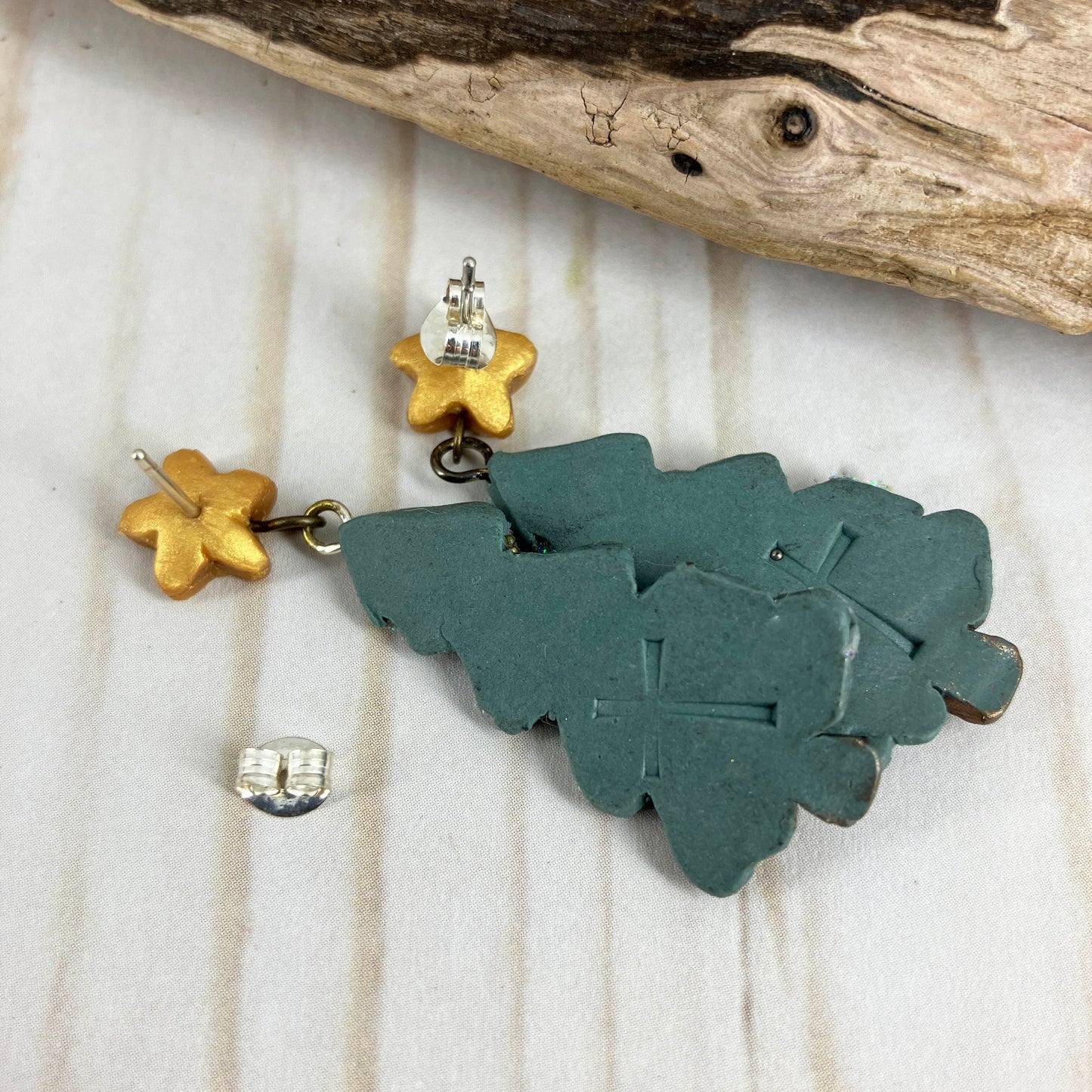 Frosted Forest Earrings. Sparkling Pine Trees with a Touch of Faith, Handmade By Linda Stiles Smith Of NatureScapes Studio. Winter Gifts For Women. Back View.