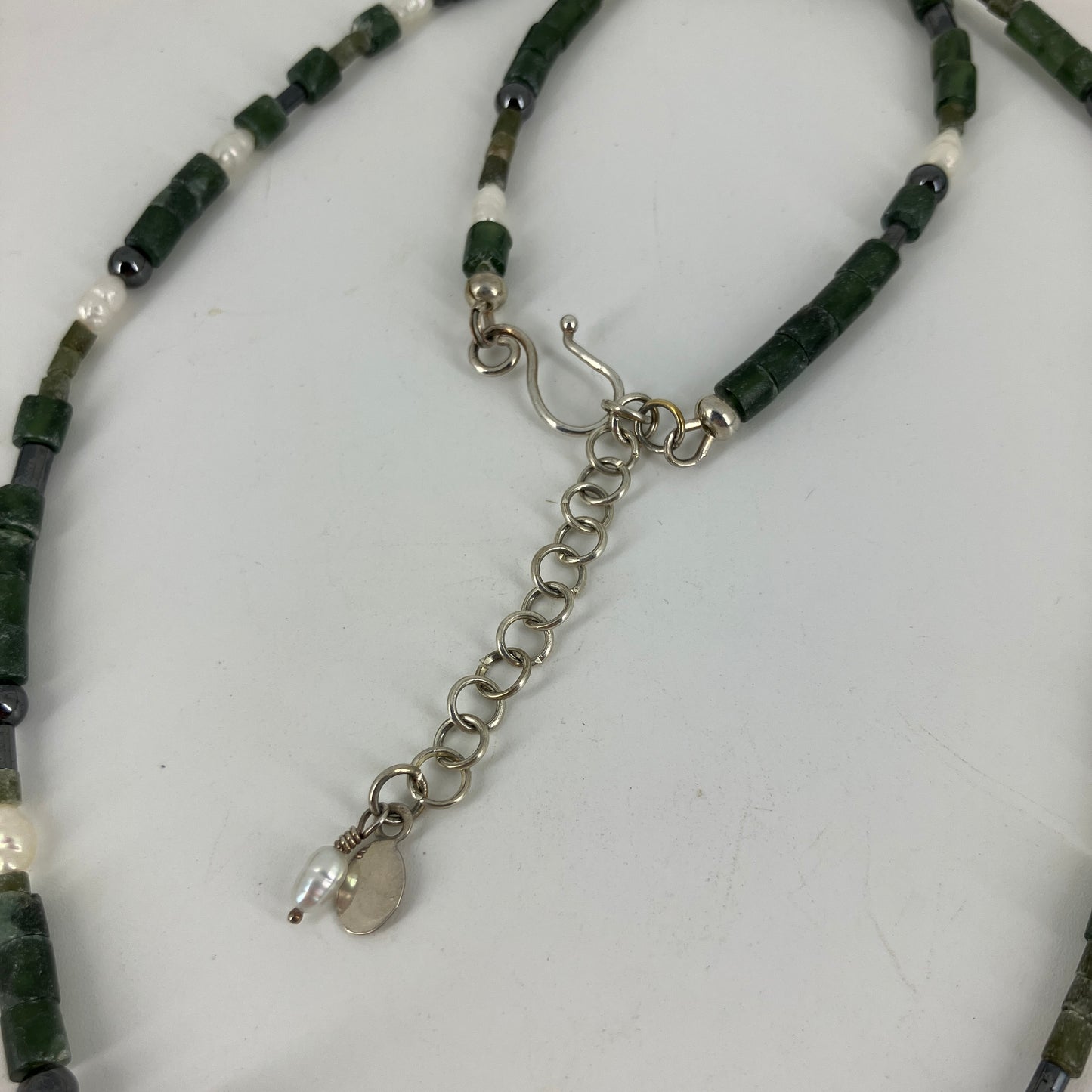 Fine Silver Tube bead on Deep Green Aventurine, Pearl and Hematite necklace