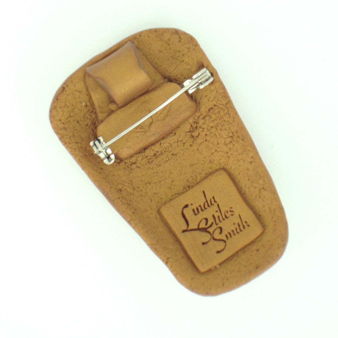 Convertible Brooch Pendant LOVE WHAT YOU DO WHAT YOU LOVE Handmade With Polymer Clay by Linda Stiles Smith Of NatureScapes Studio. Unique Gift For Women. Back View Showing The Bail As Well As The Pin, And Artist Stamp Of Authenticity.