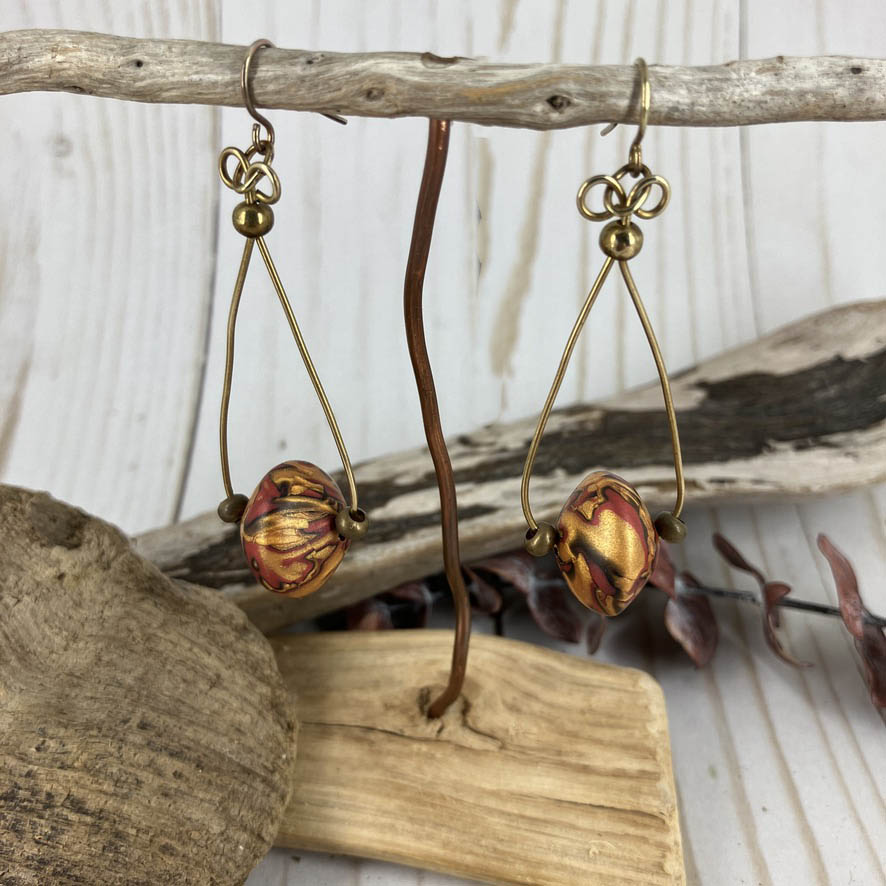 Mokume Gane Dragonfly Necklace and Earrings Set Handmade With Polymer Clay By Linda Stiles Smith Of NatureScapes Studio. View of the Matching Dangle Earrings. One Of A Kind Collectible Jewelry Gift For Women.