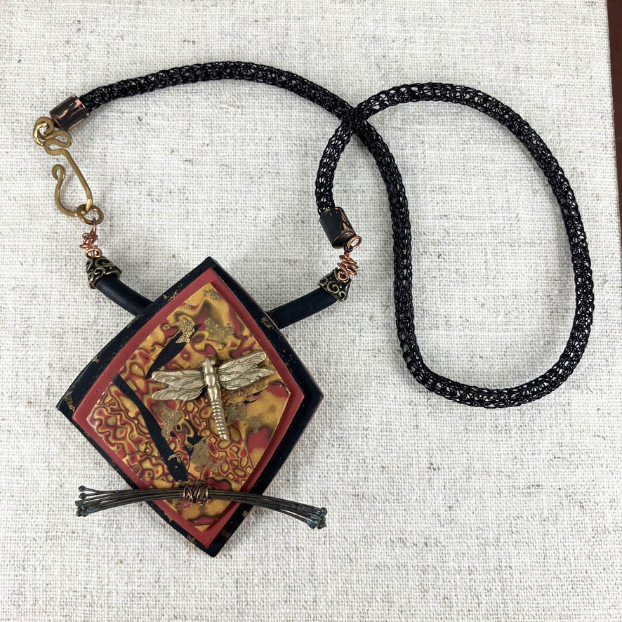 Mokume Gane Dragonfly Necklace and Earrings Set Handmade With Polymer Clay By Linda Stiles Smith Of NatureScapes Studio. Full View of the necklace. One Of A Kind Collectible Jewelry Gift For Women.