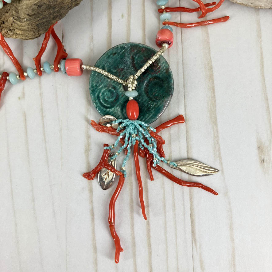 One Of A Kind Red And Turquoise Coral Reef Statement Necklace Handmade By Linda Stiles Smith Of NatureScapes Studio. Focal Pendant View. Unique Gift For Women.