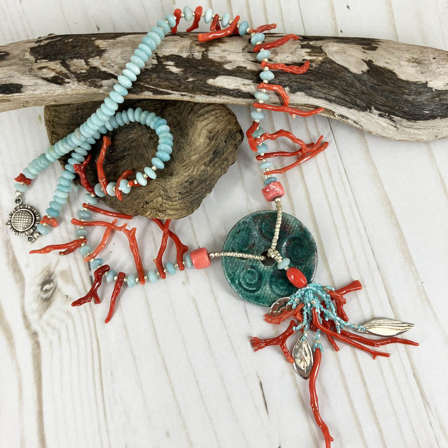 One Of A Kind Red And Turquoise Coral Reef Statement Necklace Handmade By Linda Stiles Smith Of NatureScapes Studio. Full Front View. Unique Gift For Women.