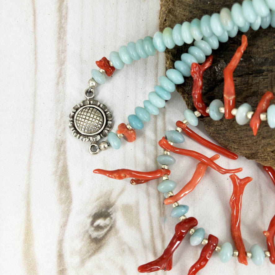 One Of A Kind Red And Turquoise Coral Reef Statement Necklace Handmade By Linda Stiles Smith Of NatureScapes Studio. Clasp and Coral View. Unique Gift For Women.