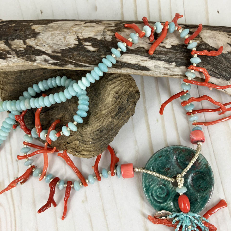 One Of A Kind Red And Turquoise Coral Reef Statement Necklace Handmade By Linda Stiles Smith Of NatureScapes Studio. Full Necklace View. Unique Gift For Women.