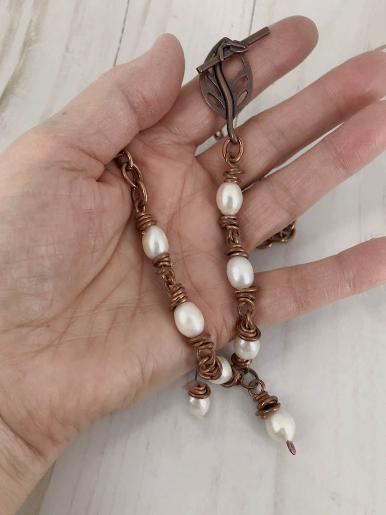 Solid Copper and Freshwater Pearl Necklace by Linda Stiles Smith of NatureScapes Studio. Made with Copper Links and 7 Freshwater White Pearls. Full View