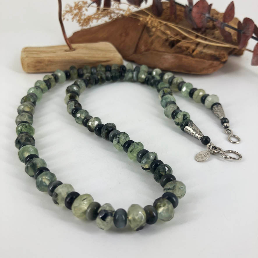 Moss agate gemstone necklace with sterling silver hook and eye clasp from the bench of Linda Stiles Smith of NatureScapes Studio.