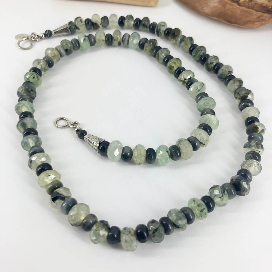 Gemstone bead necklace with green moss agate.