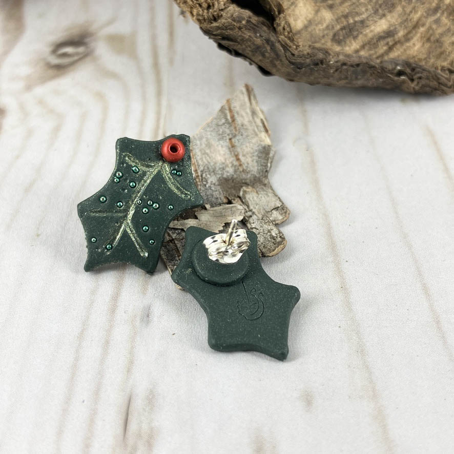 Holly Leaves Post Earrings Handcrafted with Polymer Clay by Linda Stiles Smith Of NatureScapes Studio. Front and Back View. Christmas Gift For Women.