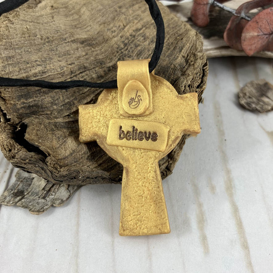 Super Bronze on Gold Color Polymer Clay Pendant with a Back Bail (Believe stamped on back) handmade by Linda Stiles Smith of NatureScapes Studio. Back View. One Of A Kind Gifts For Women.