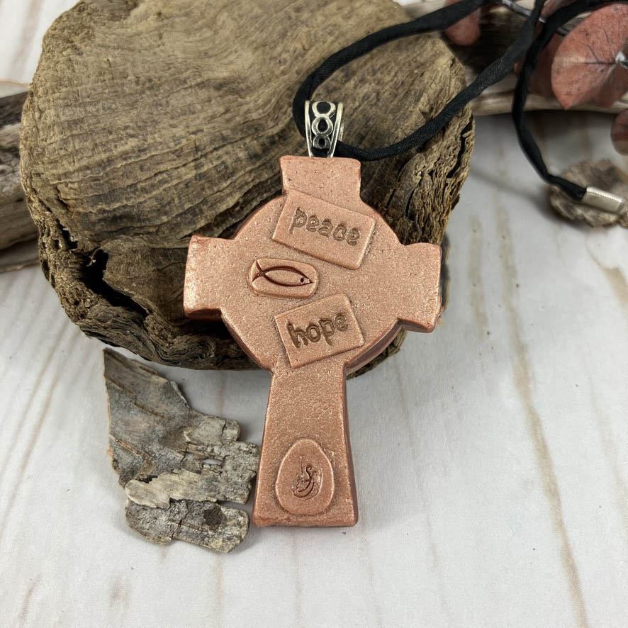 Blue-Green on Copper Polymer Clay Pendant with a Pewter Bail (Peace and Hope stamped on back) handcrafted by Linda Stiles Smith of NatureScapes Studio. Back View. Unique Gifts For Women.