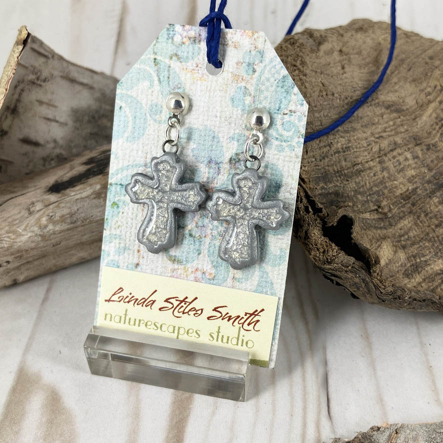 Inner Glow Cross Earrings Cool Tones Collection Handmade with polymer clay by Linda Stiles Smith of NatureScapes Studio. Front View Of Color Silver Earrings. Christian Gifts For Women.