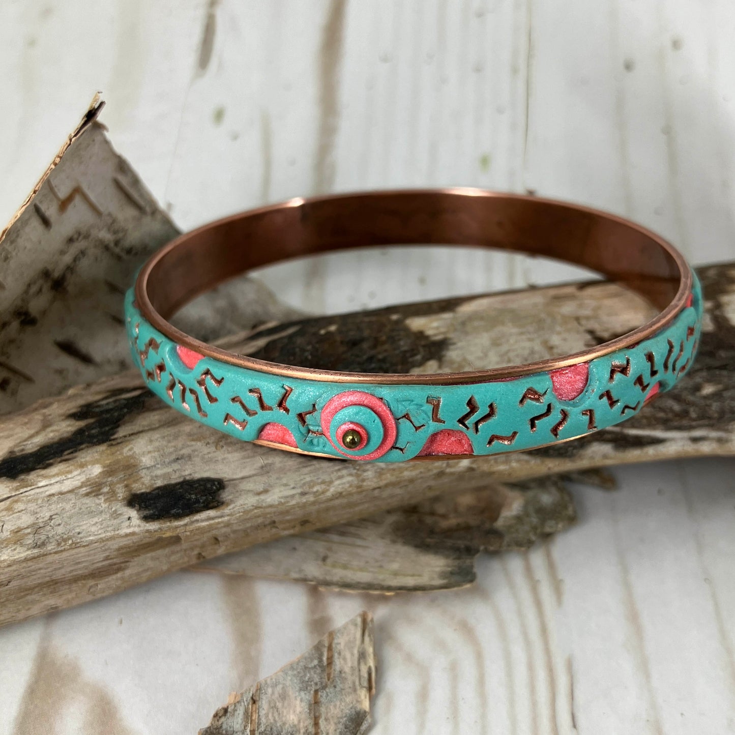 Summertime Sun design on Copper Bangle Bracelet mixes cool and warm
