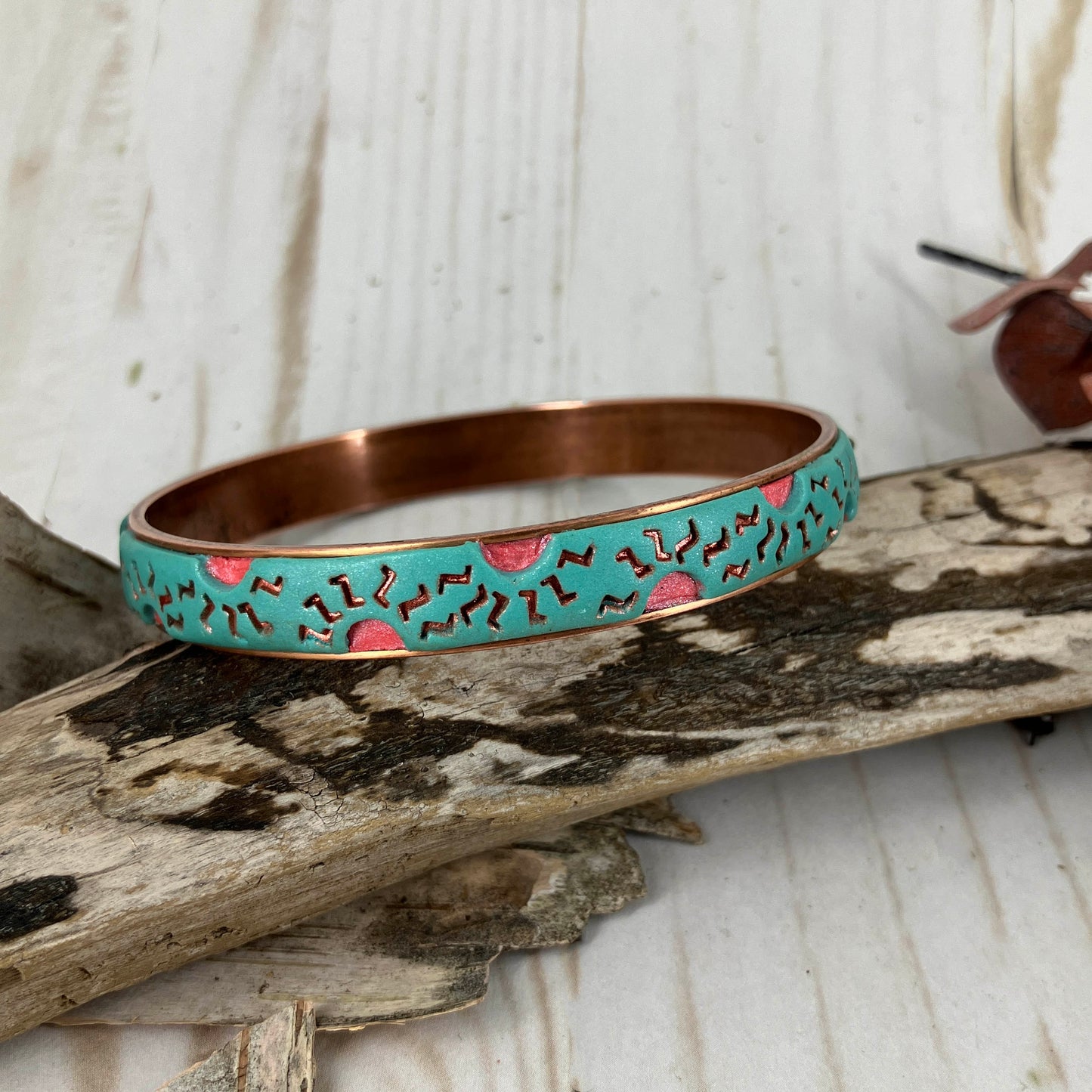 Summertime Sun design on Copper Bangle Bracelet mixes cool and warm