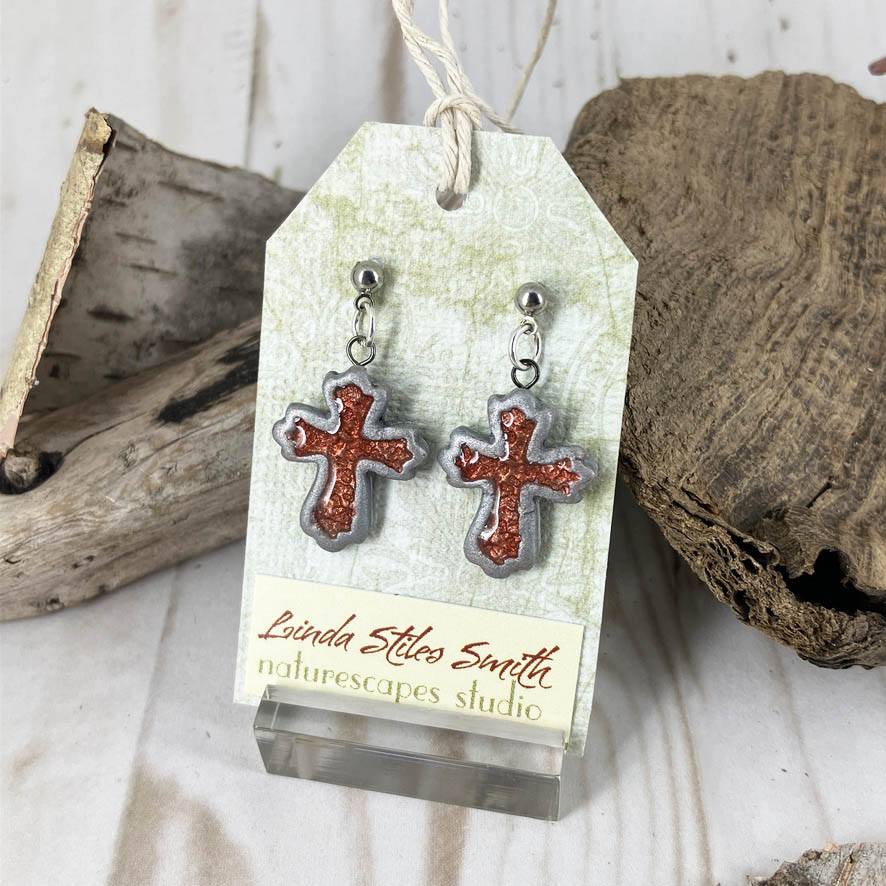 Inner Glow Cross Earrings Warm Hues Collection Handmade with polymer clay by Linda Stiles Smith of NatureScapes Studio. Front view of the color Red. Gift ideas for Christian Women.