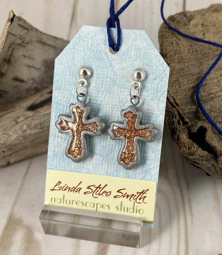 Inner Glow Cross Earrings Cool Tones Collection Handmade with polymer clay by Linda Stiles Smith of NatureScapes Studio. Front View Of Color Super Copper Earrings. Christian Gifts For Women.