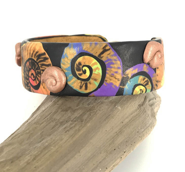 Color Symphony Cuff Bracelet – A One-of-a-Kind Masterpiece Handmade Using Polymer Clay By Linda Stiles Smith Of NatureScapes Studio. Unique Gifts For Women. Front Angled View.