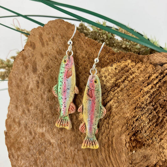 Rainbow trout earrings hand-painted by Linda Stiles Smith of NatureScapes studio.