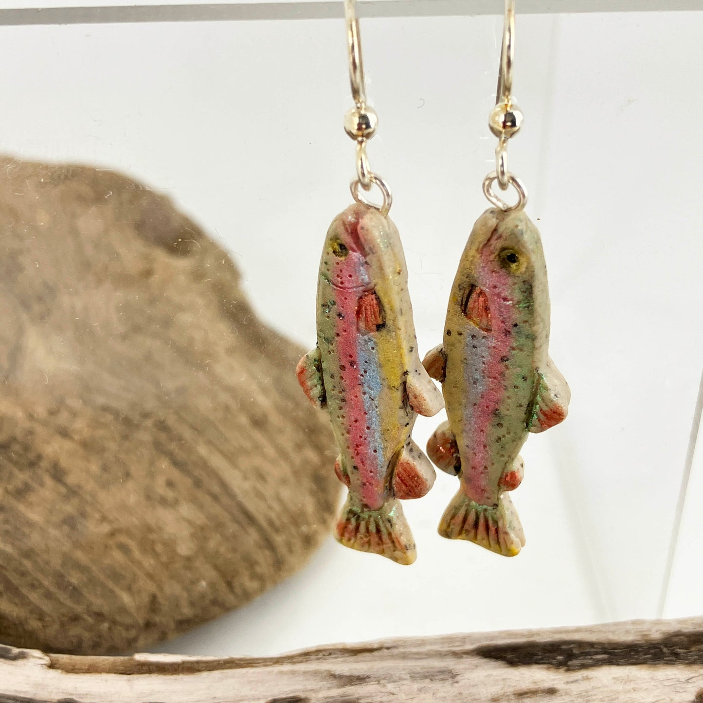 Rainbow Trout fish earrings are a matching pair of nature's beautiful creatures! Designed and hand painted by Linda Stiles Smith of NatureScapes Studio.