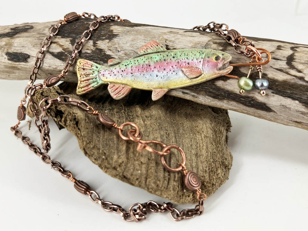 Rainbow Trout pendant on copper link necklace designed by Linda Stiles Smith of NatureScapes Studio.