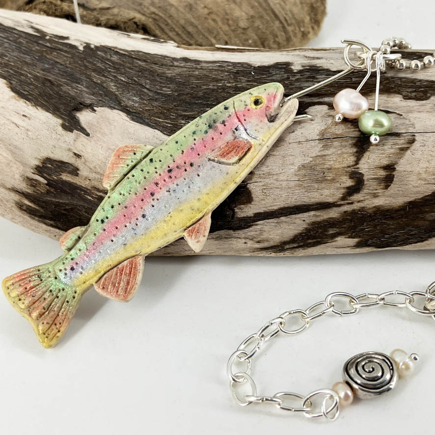 Hand painted Rainbow Trout pendant 'caught' on a silver hook and attached to your sterling silver fishing line! Original art by Linda Stiles Smith