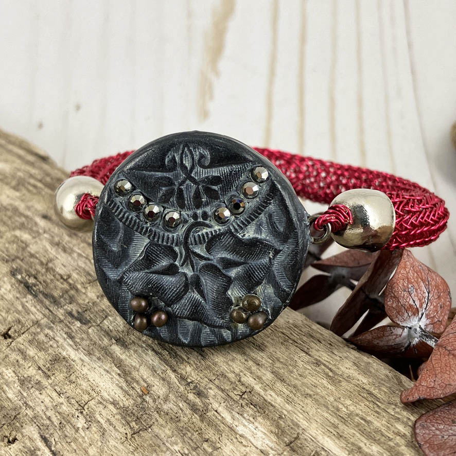 Art deco polymer clay focal clasp once of a kind bracelet handcrafted byLinda Stiles Smith of NatrueScapes Studio