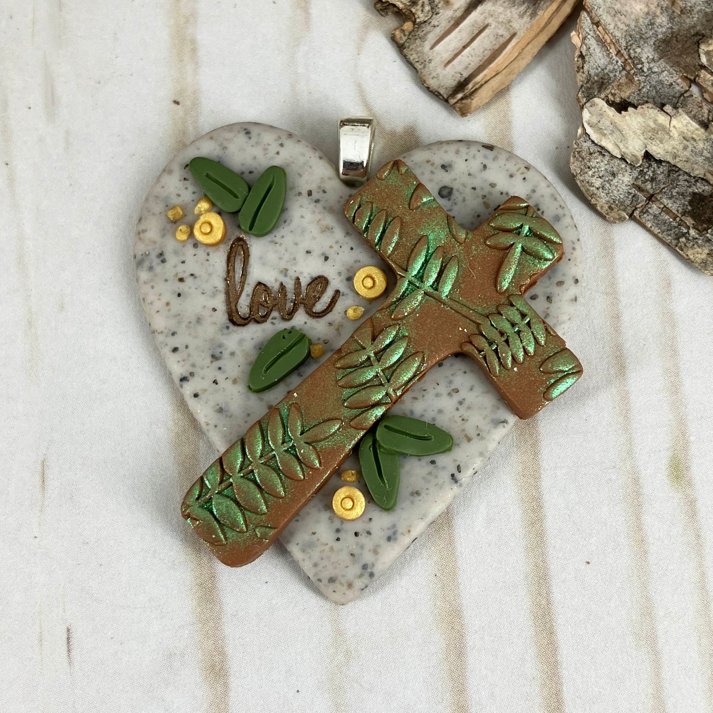 Heart of Faith "Old Wooden Cross" Pendant from the "Abide in Me" Series Showing White Granite Version, front view. Handcrafted in Polymer Clay by Linda Stiles Smith of NatureScapes Studio. Gift for Christian Women.