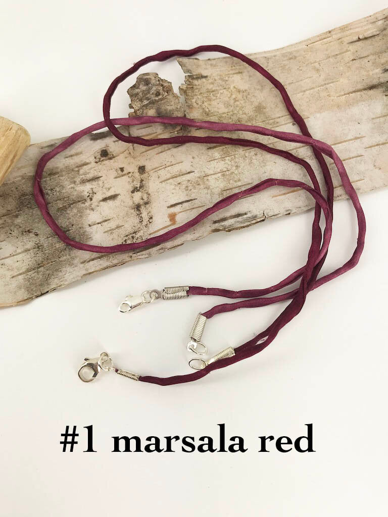 2mm thick marsala red color silk cord finished with silver plated lobster or spring ring clasp, handmade accessory by Linda Stiles Smith of NatureScapes Studio.