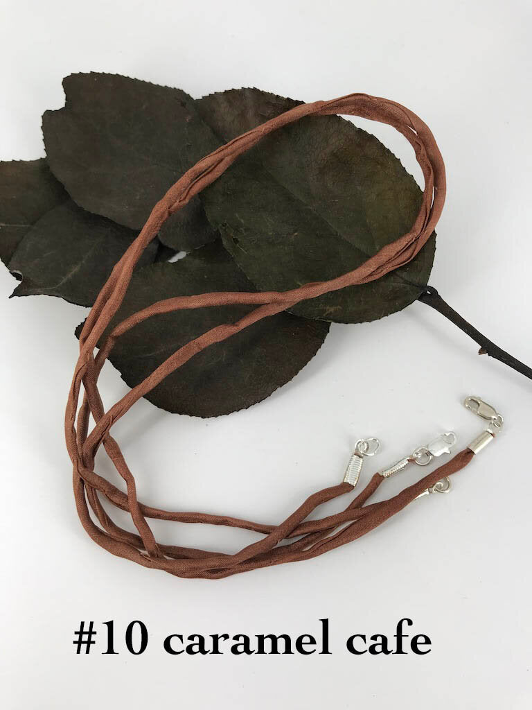 2mm thick Brown Caramel Cafe Color silk cord finished with silver plated lobster or spring ring clasp, handmade accessory by Linda Stiles Smith of NatureScapes Studio.