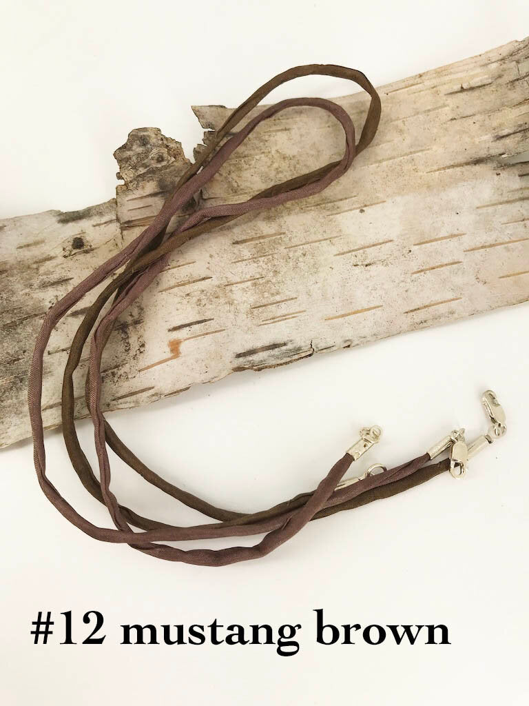 2mm thick Mustang Brown Color silk cord finished with silver plated lobster or spring ring clasp, handmade accessory by Linda Stiles Smith of NatureScapes Studio.