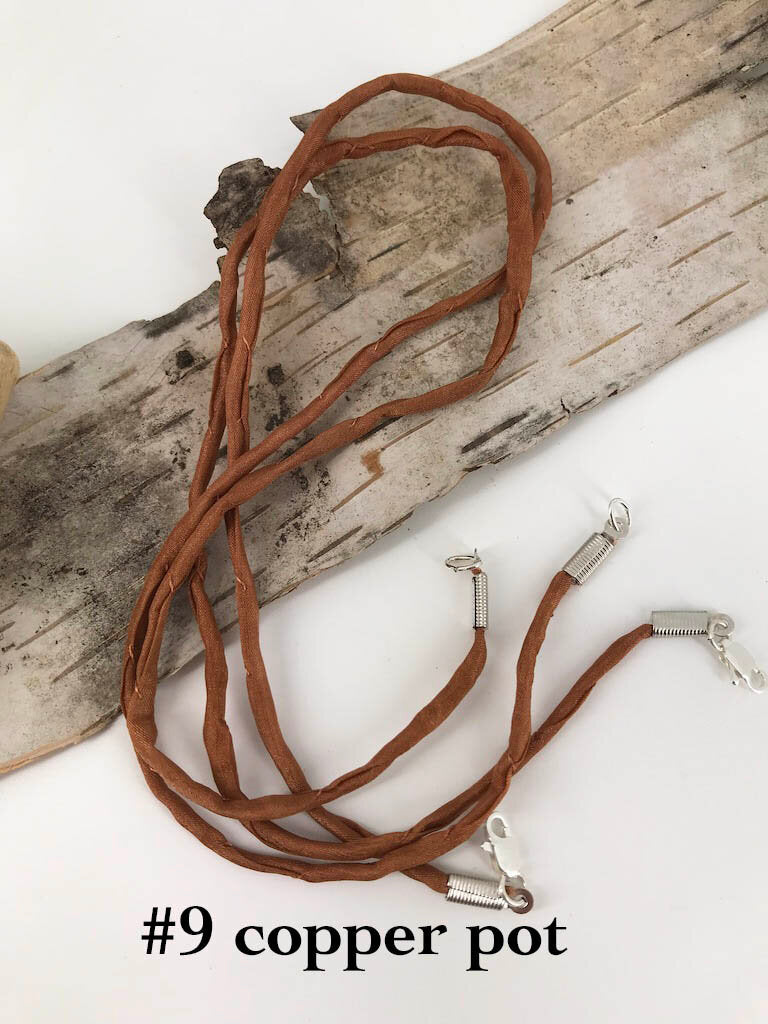 2mm thick Brown Copper Pot Color silk cord finished with silver plated lobster or spring ring clasp, handmade accessory by Linda Stiles Smith of NatureScapes Studio.