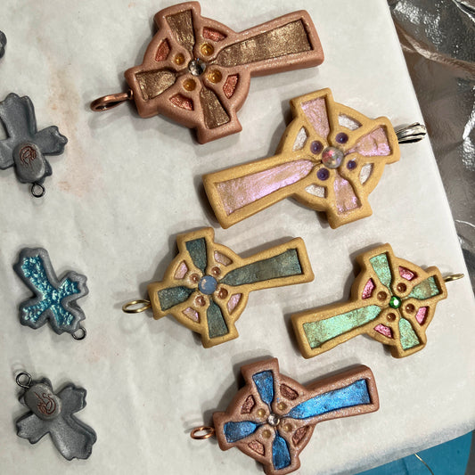 Celtic-cross-pendant-in-sparkle-colors-and-cross-earrings-polymer-clay-based-work-in-progress