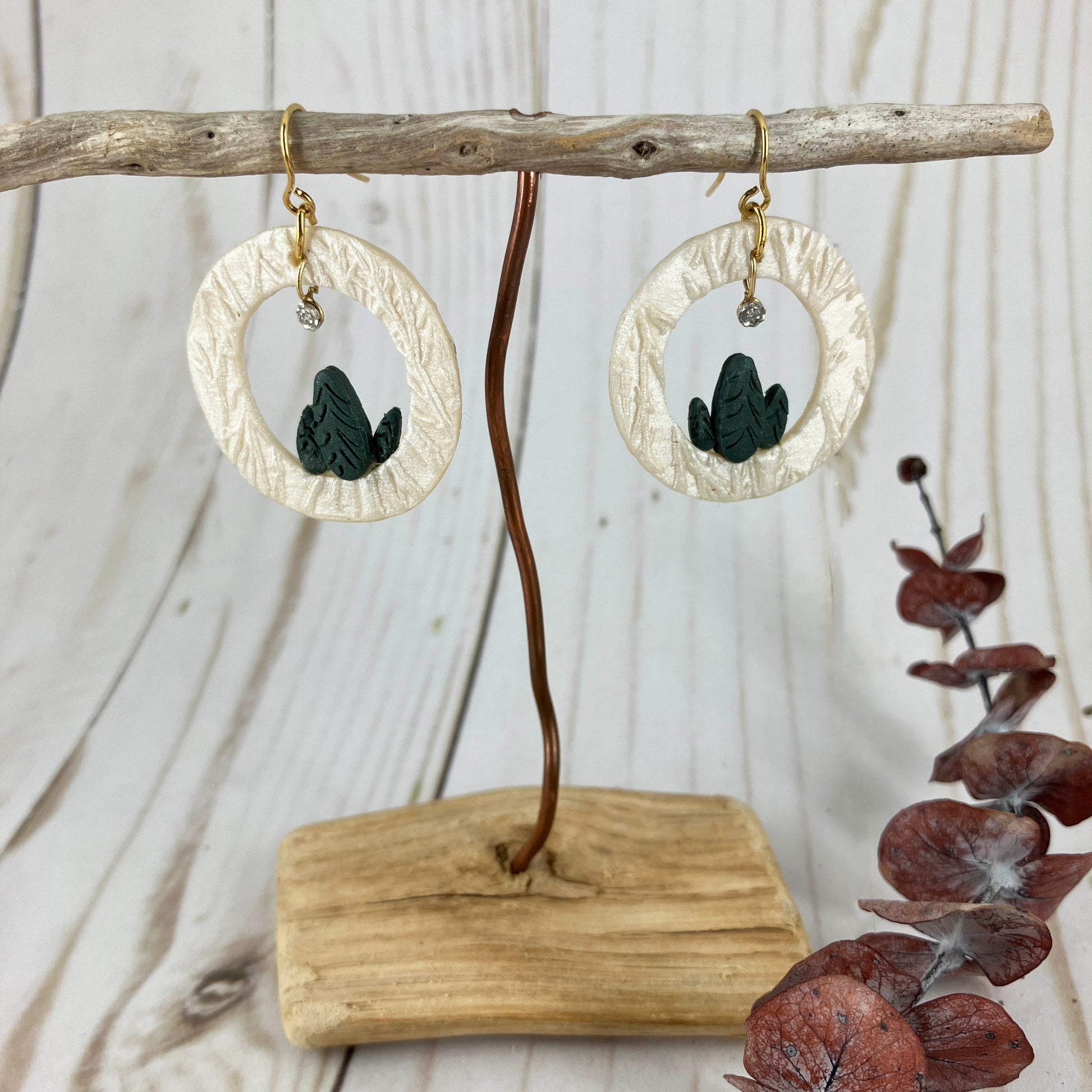 Circled Pine Forest Earrings Handmade With Polymer Clay By Linda Styles Smith Of NatureScapes Studio. Winter Gift For Women. Front View.