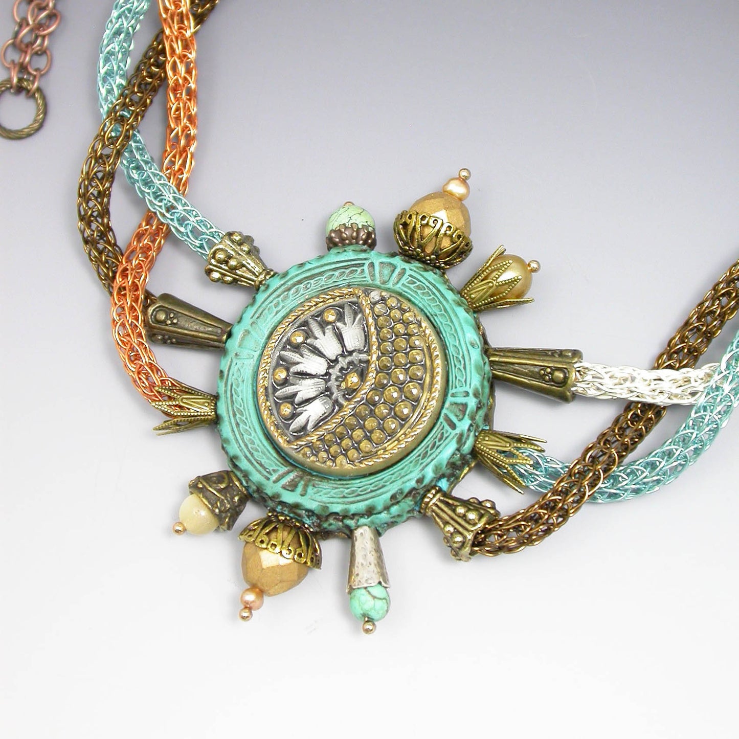 Ezekiel's Wheel of Wonder Necklace Handcrafted By Linda Stiles Smith Of NatureScapes Studio. Focal Close Up View. One Of A Kind Designer Jewelry For Women.