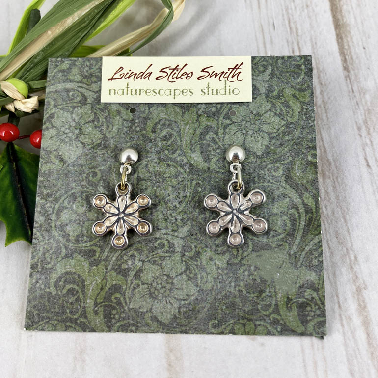 Snowflake Fine Silver Earrings By Linda Stiles Smith Of NatureScapes Studio. Front View. Small Dangle Earrings Gifts For Women.