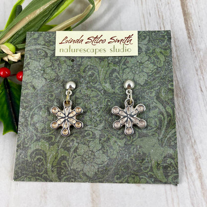 Snowflake Fine Silver Earrings By Linda Stiles Smith Of NatureScapes Studio. Front View. Small Dangle Earrings Gifts For Women.