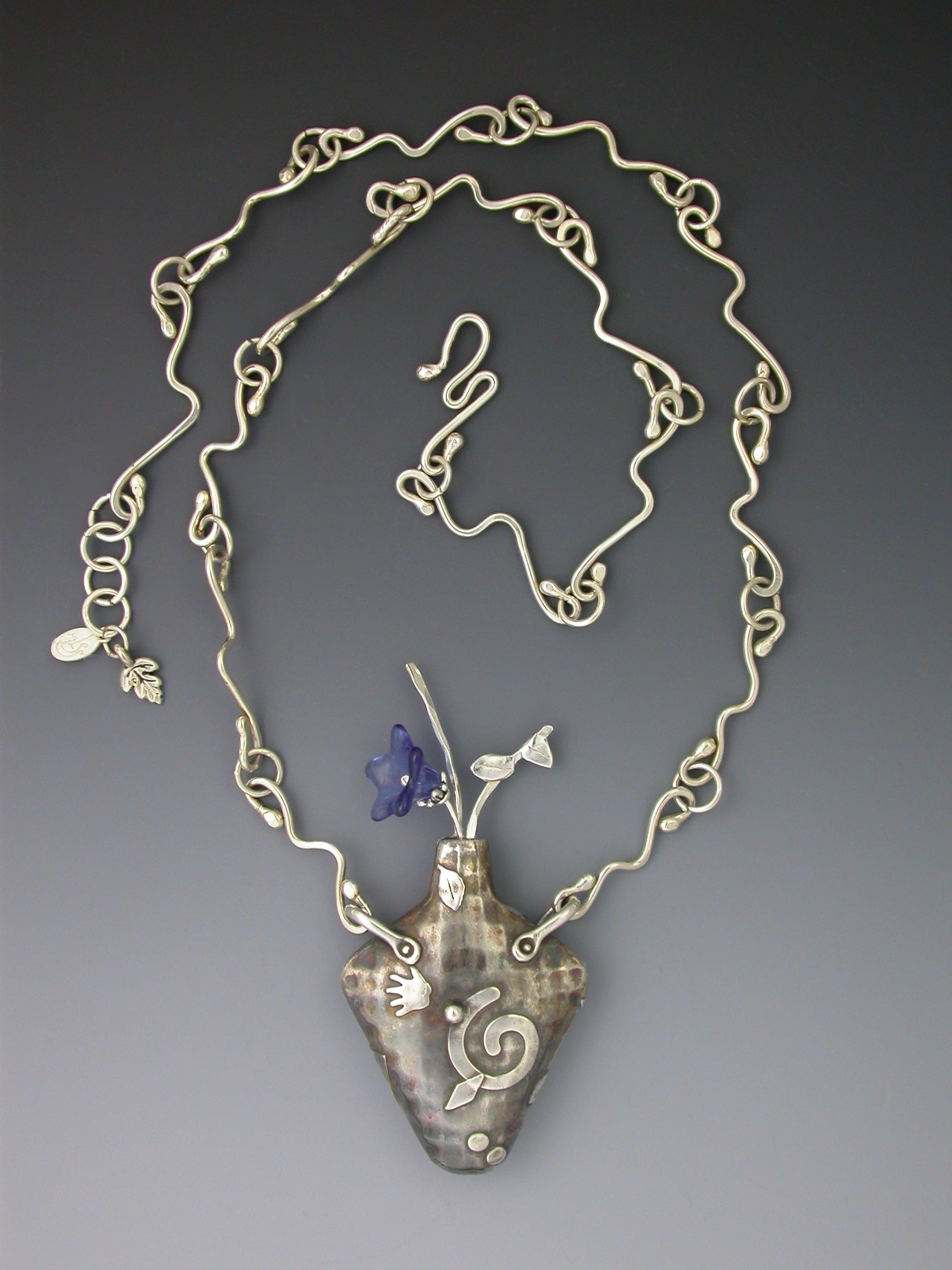 Award Winning Vessel Fine Silver Pendant with Handcrafted Sterling Silver Chain By Linda Styles Smith Of NatureScapes Studio. One Of A Kind Fine Designer Art Jewlery Gift For Women. Collector Piece Of Art. Full View.