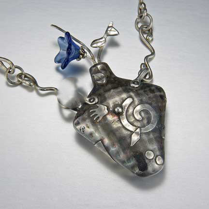 Award Winning Vessel Fine Silver Pendant with Handcrafted Sterling Silver Chain By Linda Styles Smith Of NatureScapes Studio. One Of A Kind Fine Designer Art Jewlery Gift For Women. Collector Piece Of Art. Close-up Front View.