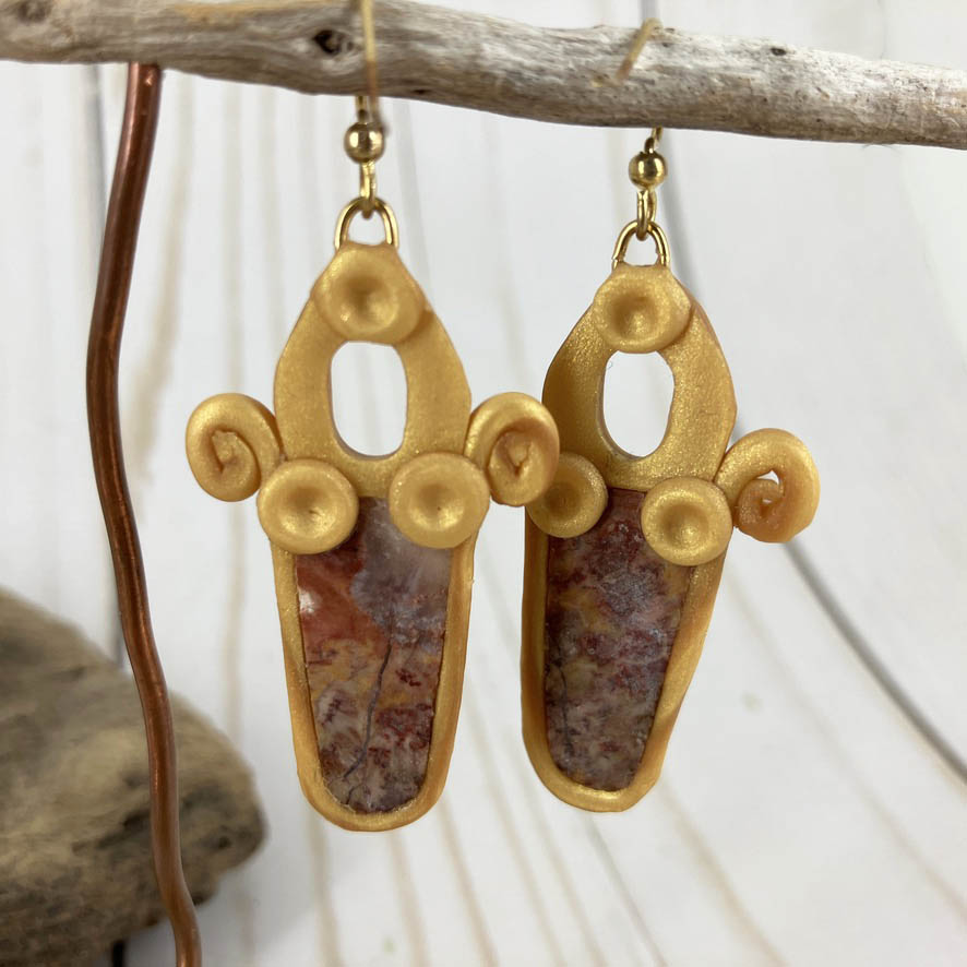 Golden Picture Jasper Earrings Handmade With Polymer Clay By Linda Stiles Smith Of NatureScapes Studio. Back VIew. Unique Gift For Creative Women.