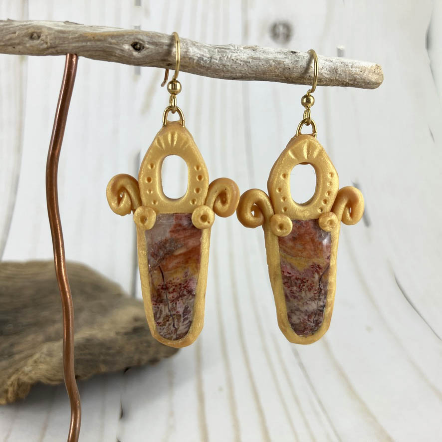 Golden Picture Jasper Earrings Handmade With Polymer Clay By Linda Stiles Smith Of NatureScapes Studio. Front VIew. Unique Gift For Creative Women.