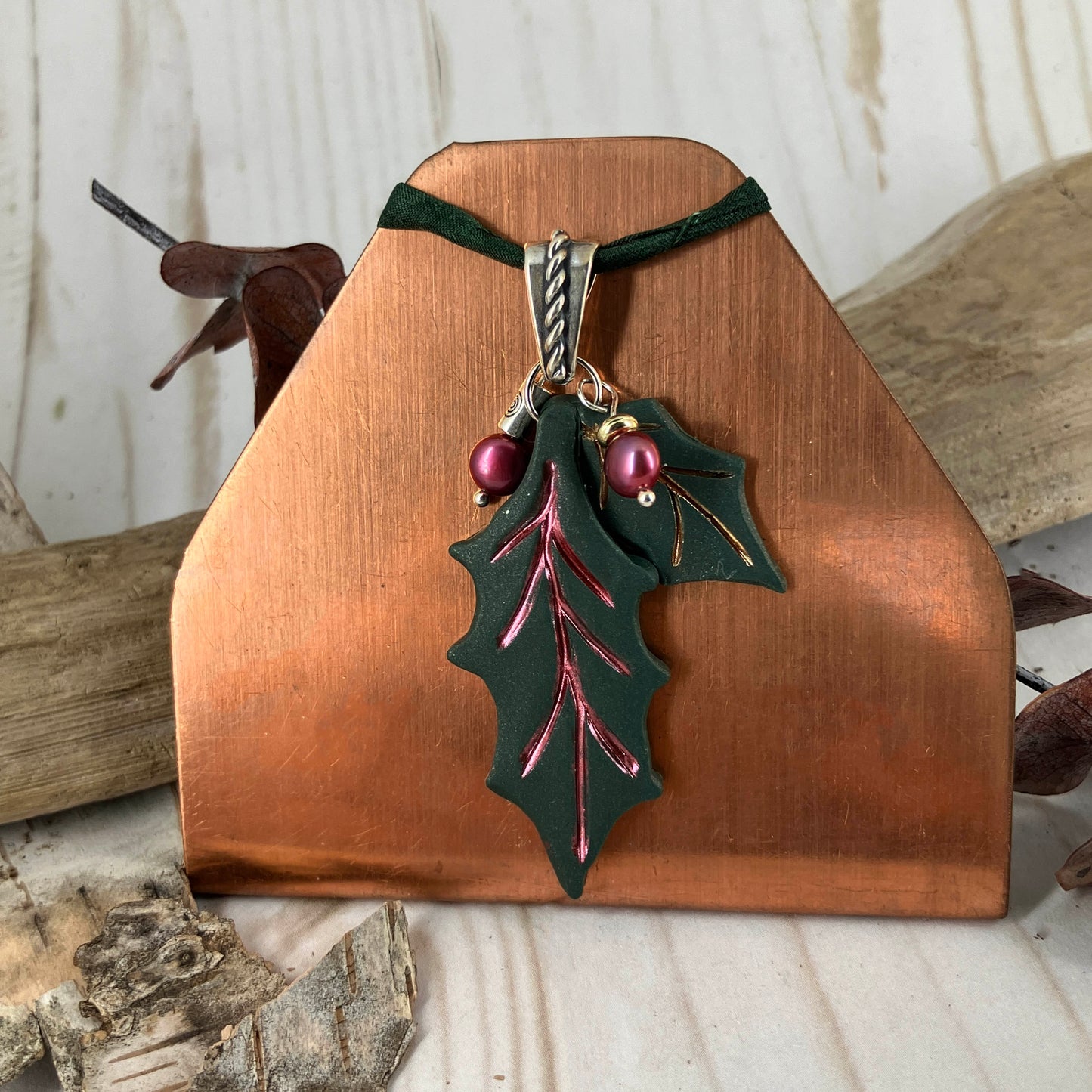 Holly Leaf Pendant with pearl berries