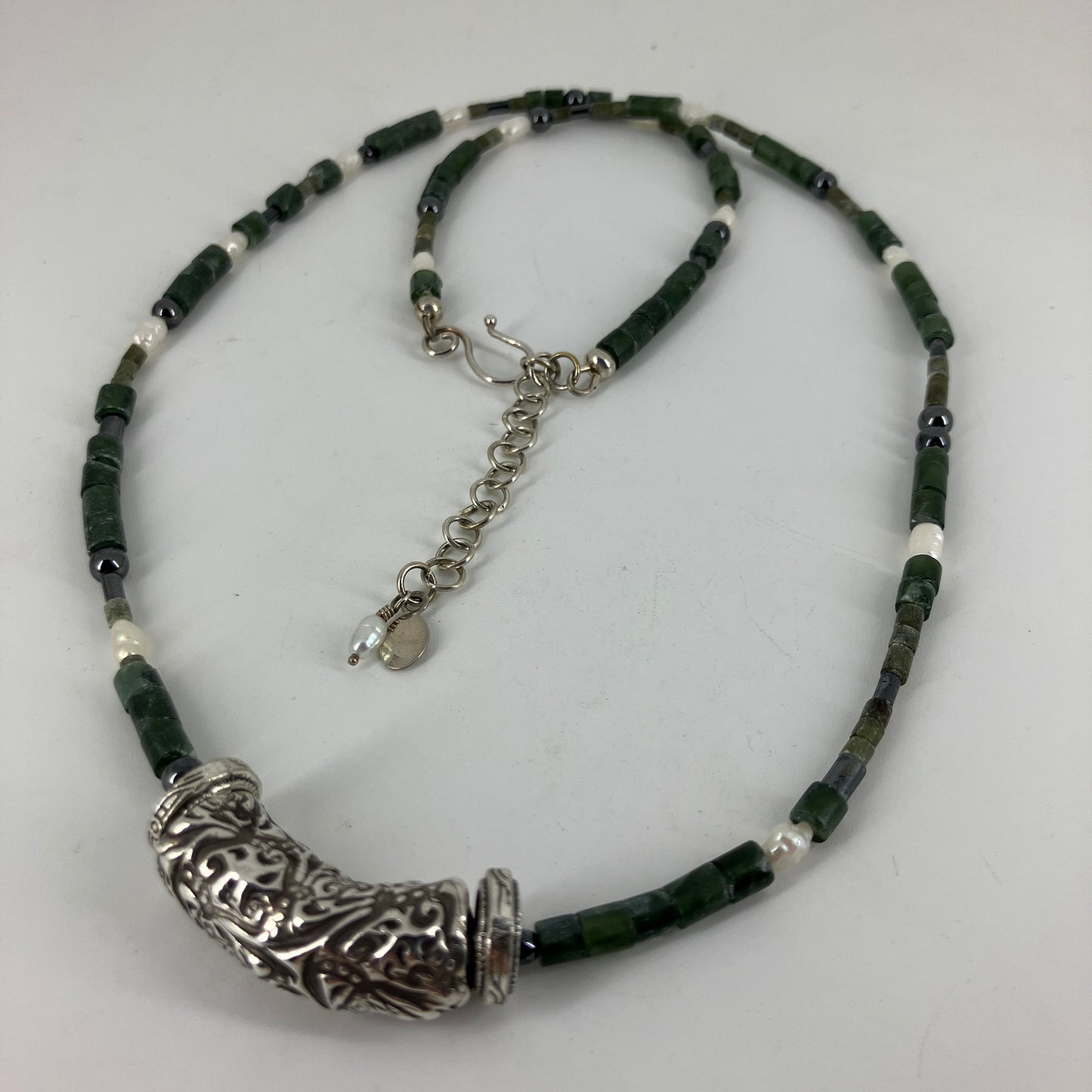 Fine Silver Tube bead on Deep Green Aventurine, Pearl and Hematite necklace