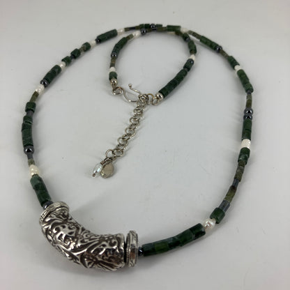Fine Silver Tube bead on Deep Green Aventurine, Pearl and Hematite necklace