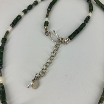 Fine Silver Tube bead on Deep Green Aventurine, Pearl and Hematite necklace