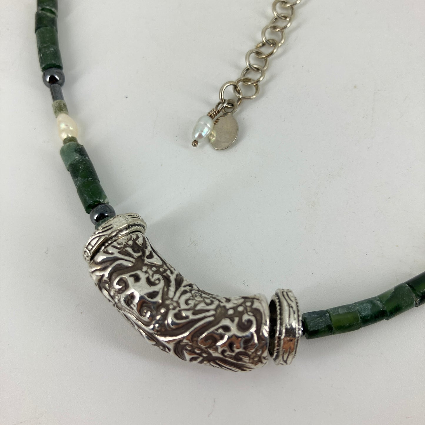 Fine Silver Tube bead on Deep Green Aventurine, Pearl and Hematite necklace