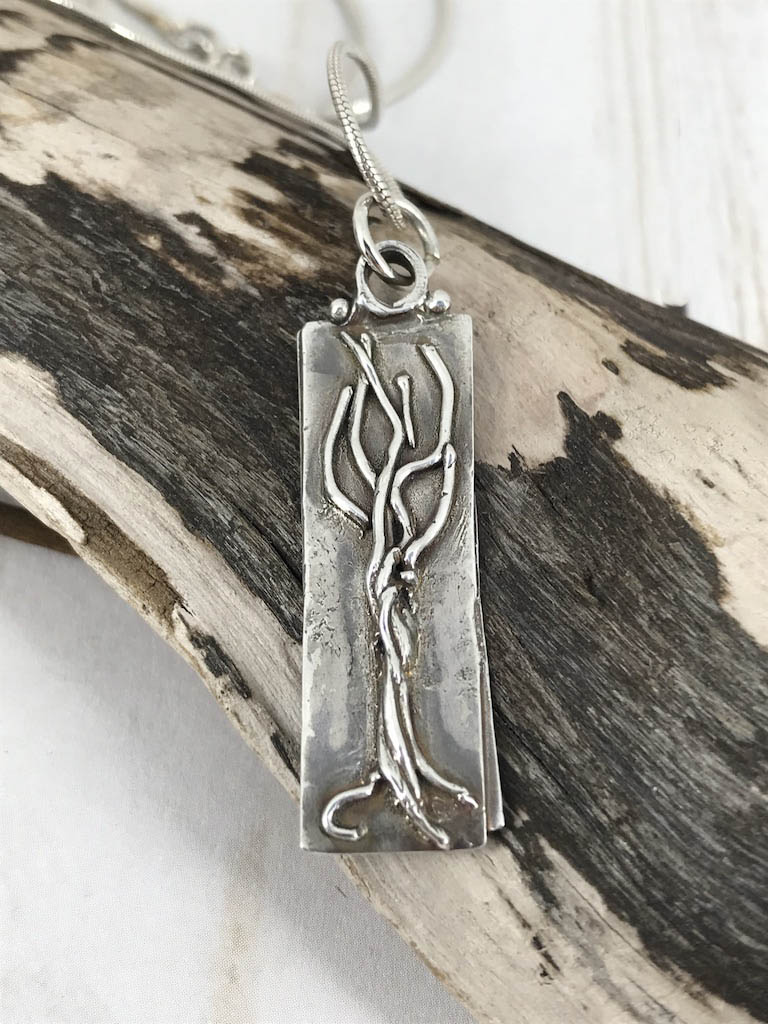 Take Root Pendant. A Unique .999 Fine Silver Message from the “Trees Speak” Series. Handmade By Linda Styles Smith Of NatureScapes Studio. Unique Gift For Women Who Love Nature. Christian Gift Idea. Front View.