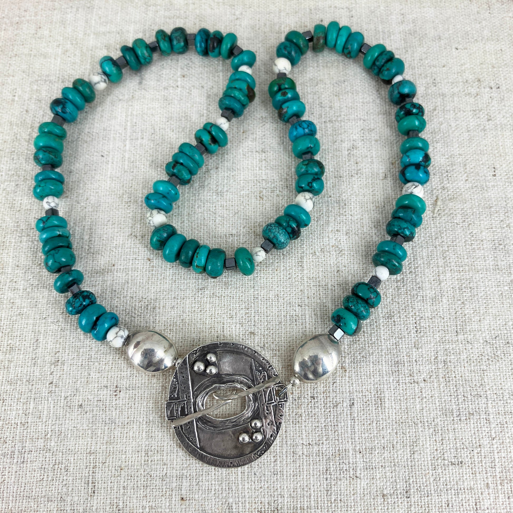 Shielded in God's Love Turquoise And Fine Silver Necklace Handmade By Linda Stiles Smith Of NatureScapes Studio. Full Front View. Beautiful Gift Idea For Women.